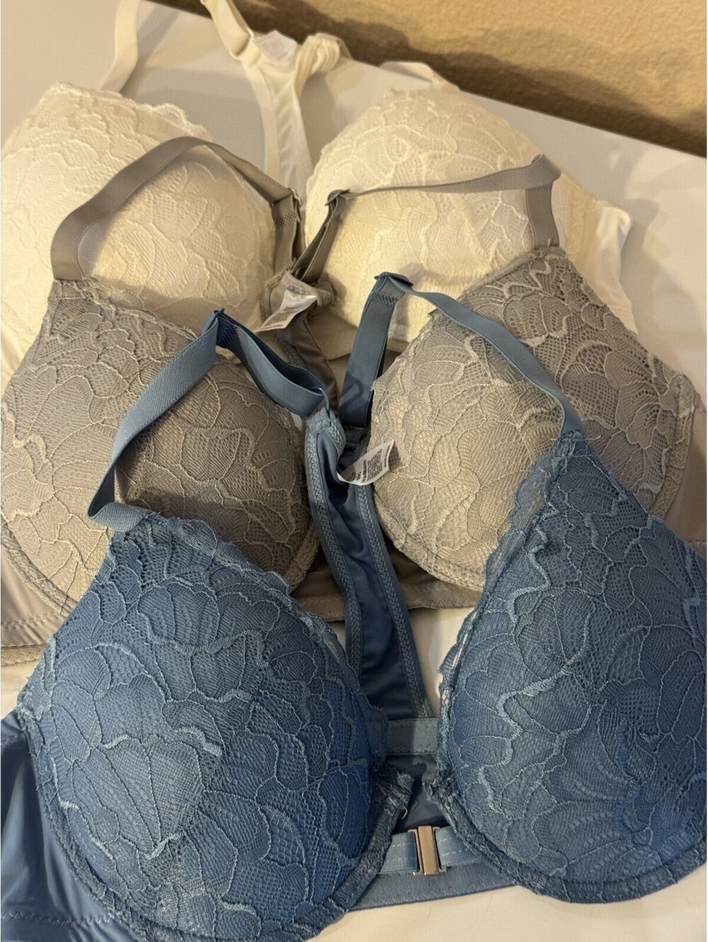 3 Pack Front Closure Racerback Lace Bras 36C 80C Blue Gray Ivory New